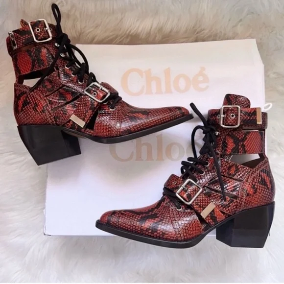 New! CHLOE Rylee Snake-Effect Leather Ankle Boots | Lace-Up Cutout Block Heel - Picture 6 of 16